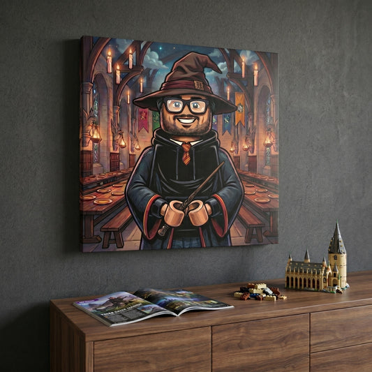 Custom wizard portrait in cartoon style printed on canvas — personalized wall art from your photo