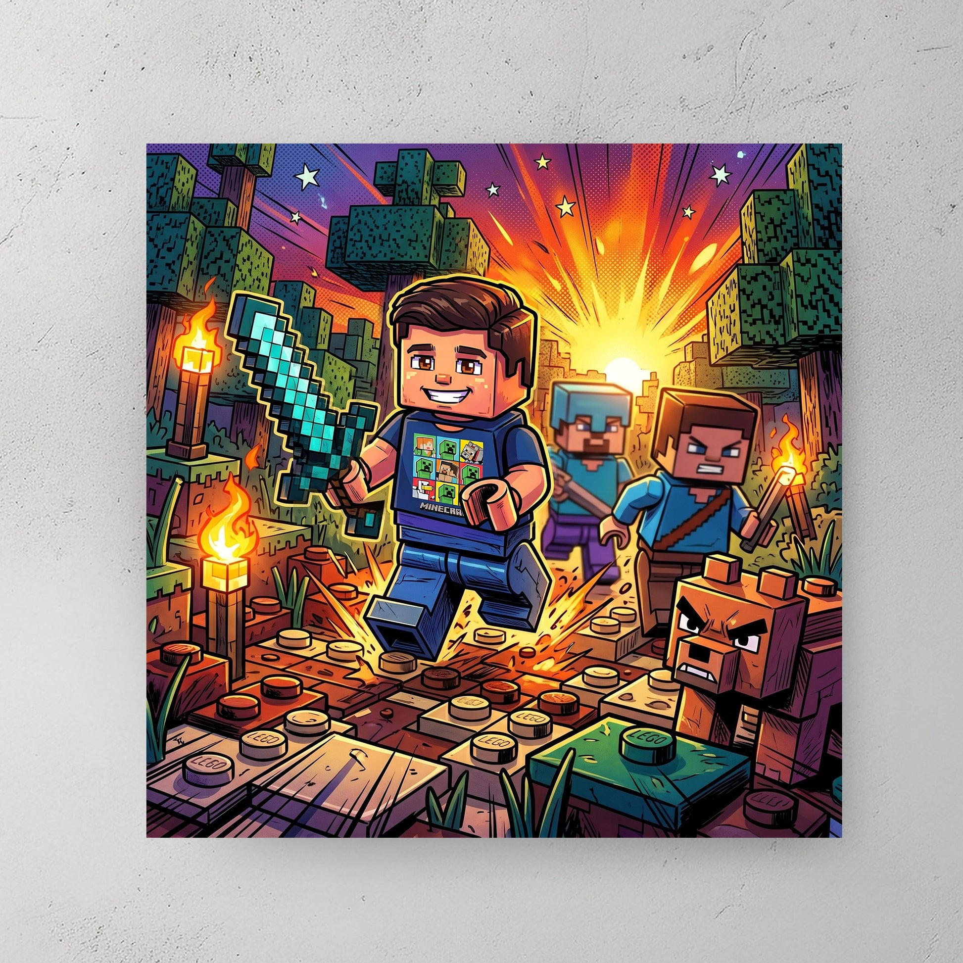 Custom block adventurer portrait in cartoon style — personalized wall art from your photo