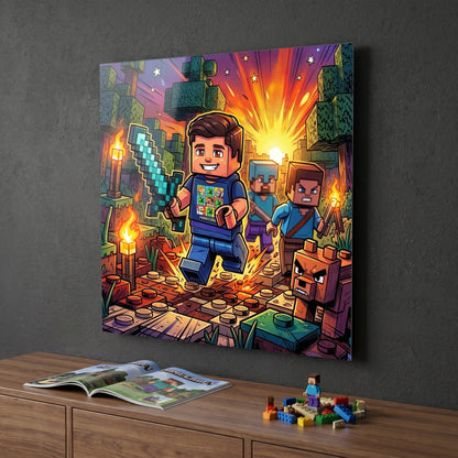 Custom block adventurer portrait in cartoon style printed on metal — personalized wall art from your photo
