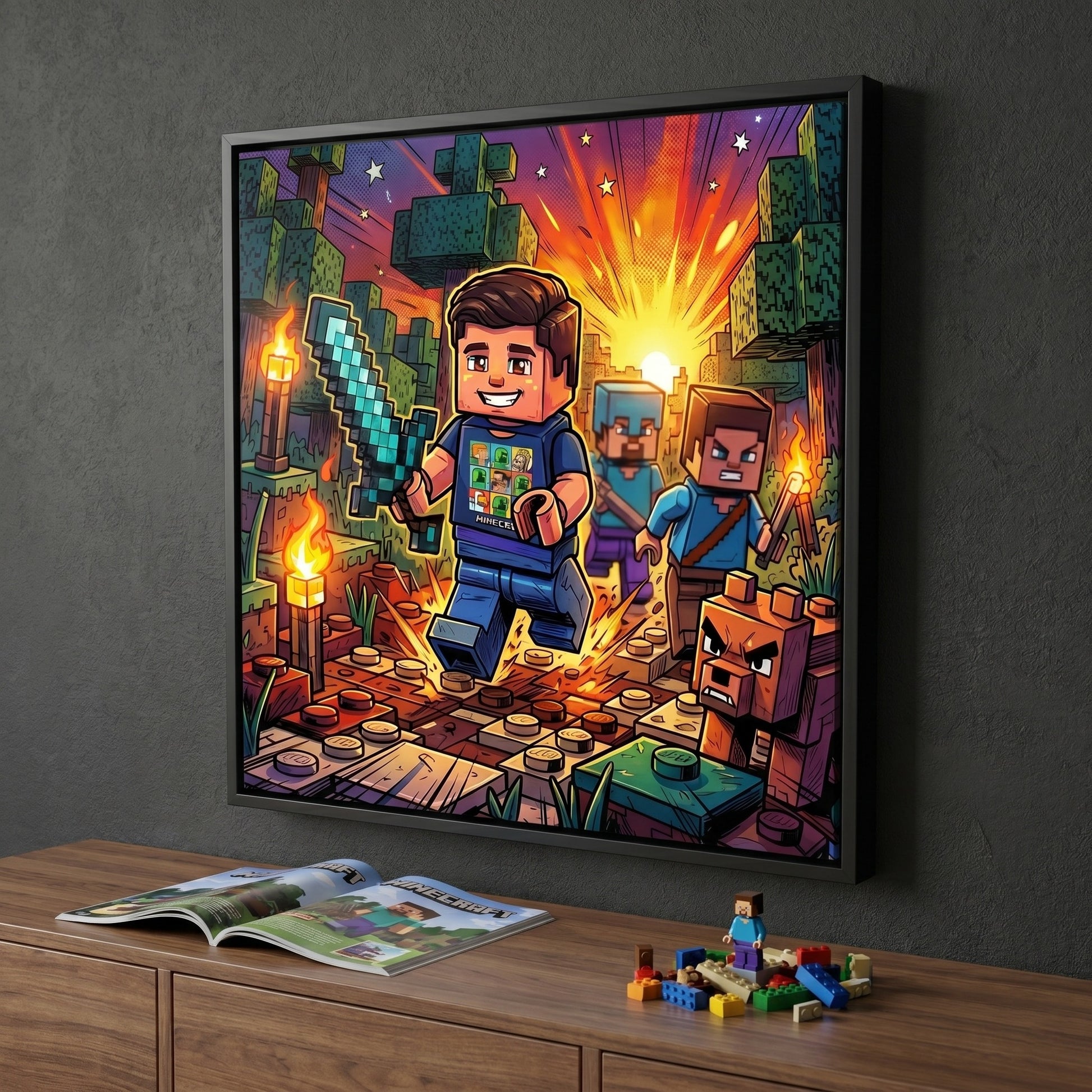 Custom block adventurer portrait in cartoon style printed on black framed canvas — personalized wall art from your photo