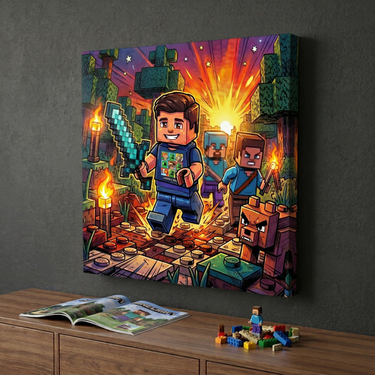 Custom block adventurer portrait in cartoon style printed on canvas — personalized wall art from your photo