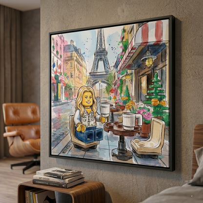 Custom Paris travel portrait in watercolour sketch style printed on black framed canvas — personalized wall art from your photo