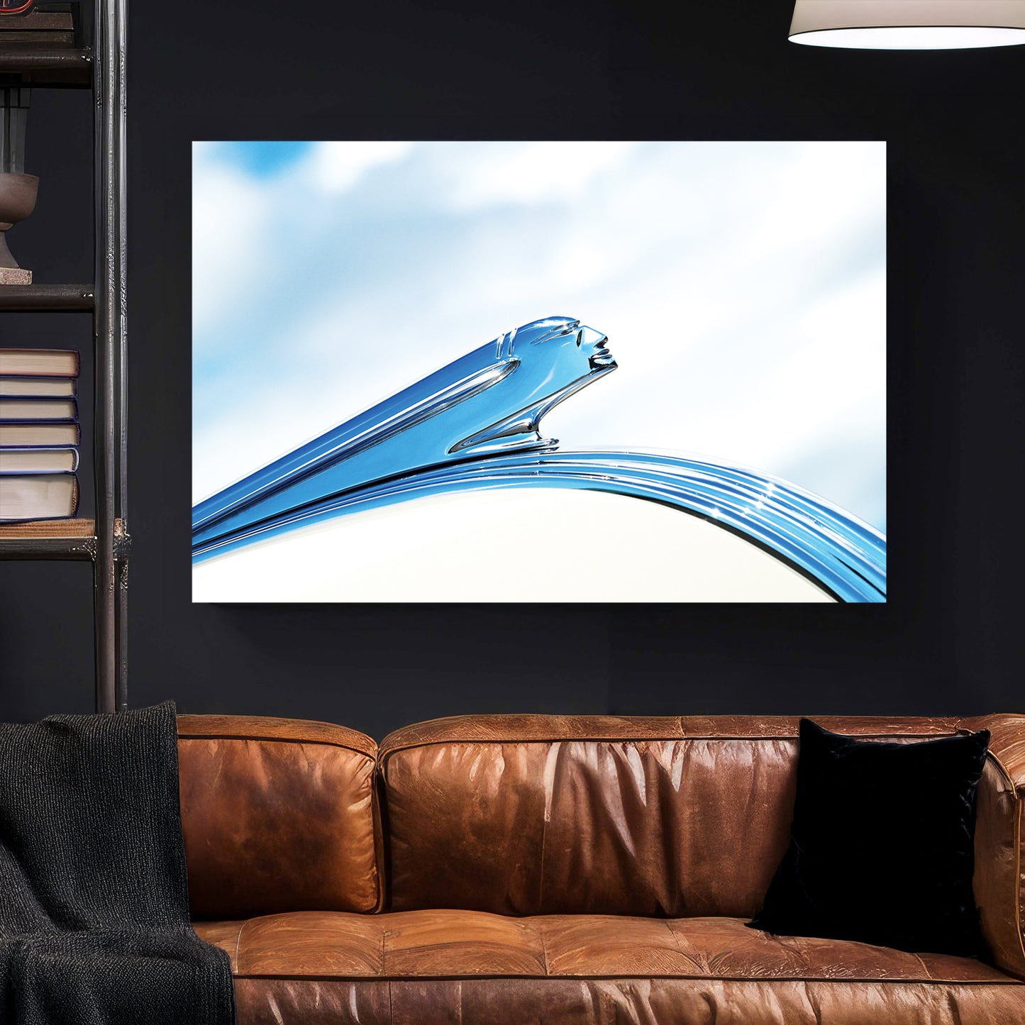 Vintage Pontiac Hood Ornament canvas wall art print styled in a modern interior