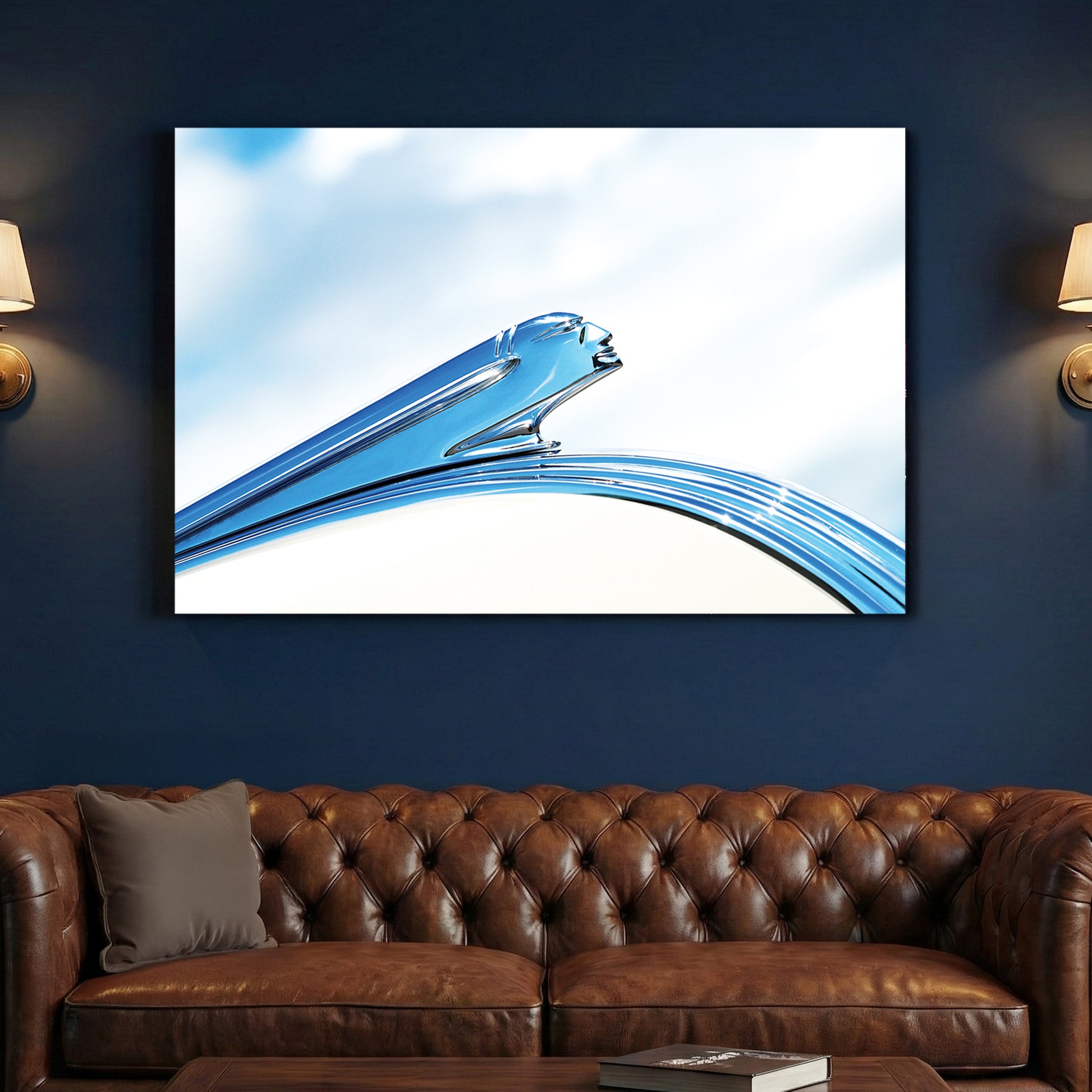 Vintage Pontiac Hood Ornament canvas wall art print above a sofa in a contemporary living room