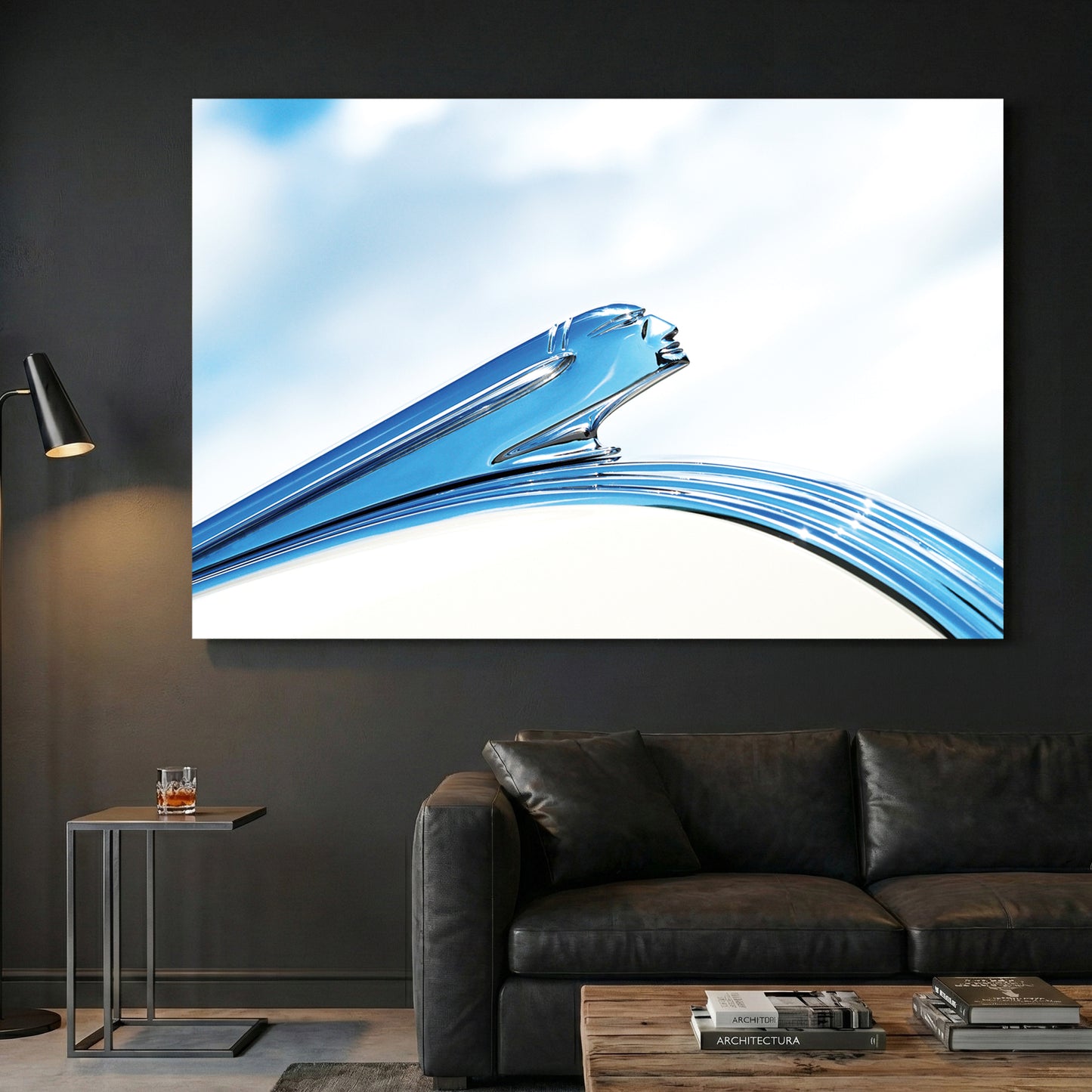 Vintage Pontiac Hood Ornament canvas wall art print displayed in a styled living room
