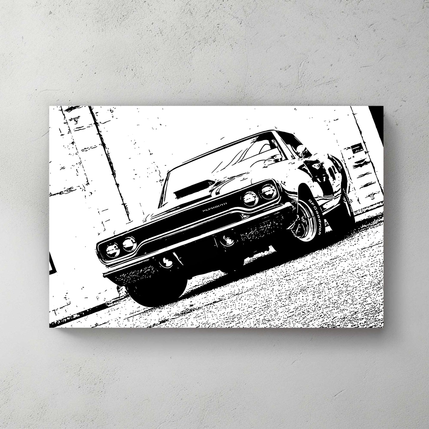 High-contrast posterized black-and-white muscle car, low front angle, BFGoodrich tire, gritty street feel — canvas wall art print
