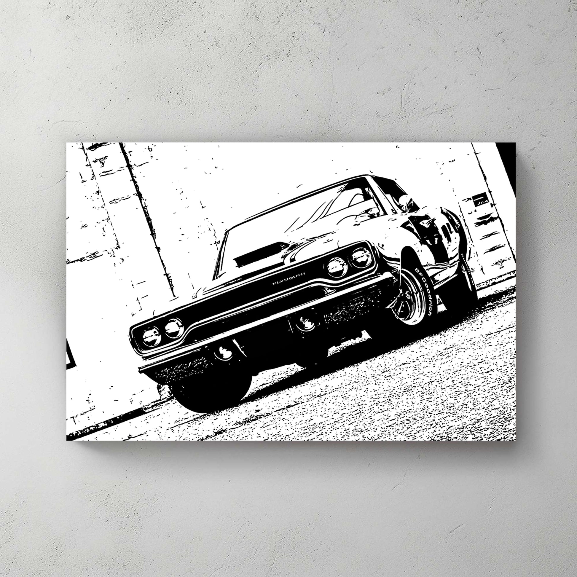 High-contrast posterized black-and-white muscle car, low front angle, BFGoodrich tire, gritty street feel — canvas wall art print