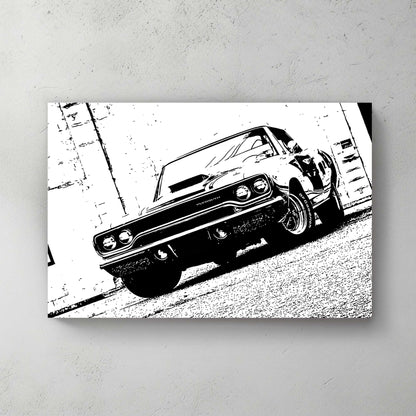 High-contrast posterized black-and-white muscle car, low front angle, BFGoodrich tire, gritty street feel — canvas wall art print