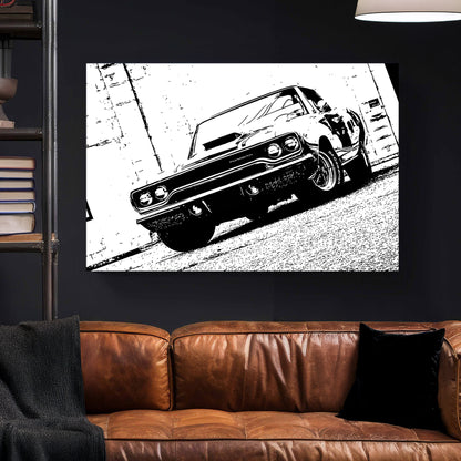 Plymouth Roadrunner Black and White canvas wall art print styled in a modern interior
