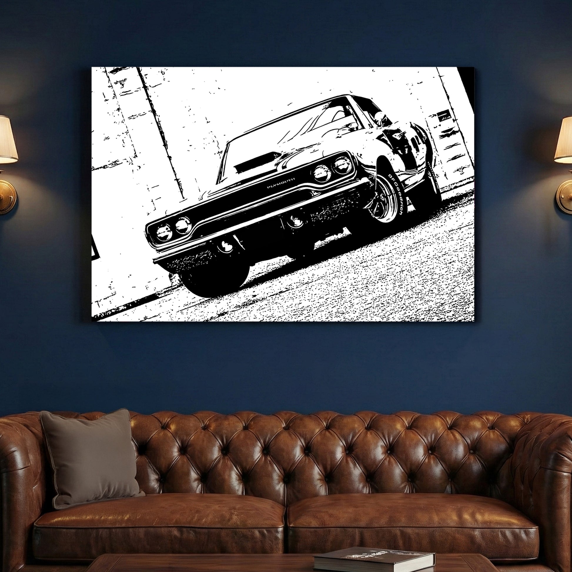 Plymouth Roadrunner Black and White canvas wall art print above a sofa in a contemporary living room