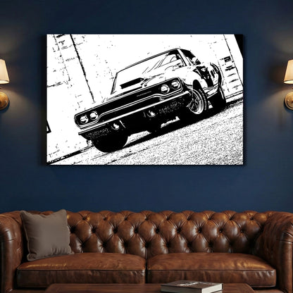 Plymouth Roadrunner Black and White canvas wall art print above a sofa in a contemporary living room