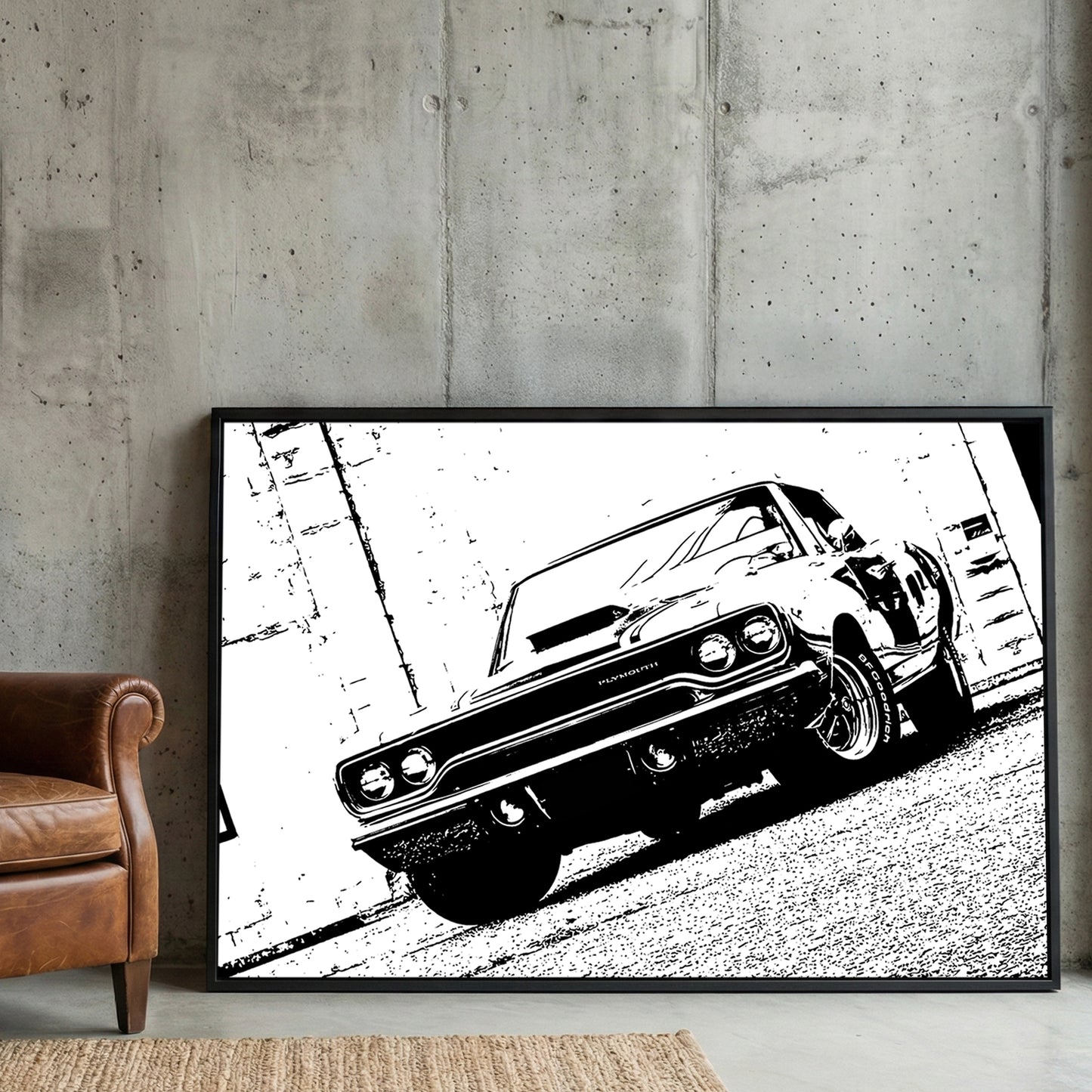 Plymouth Roadrunner Black and White framed canvas wall art print in a gallery-style display
