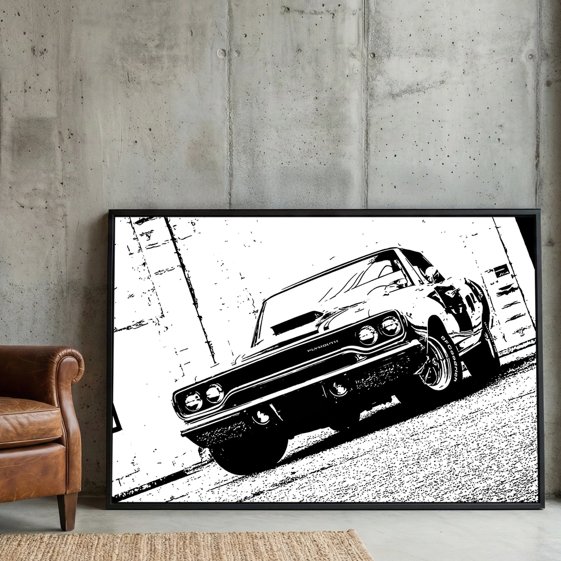 Plymouth Roadrunner Black and White framed canvas wall art print in a gallery-style display