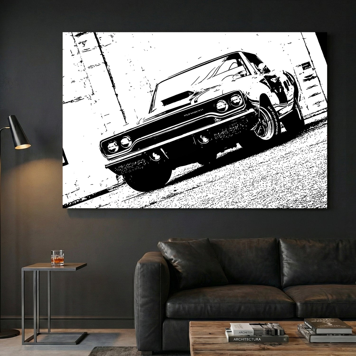 Plymouth Roadrunner Black and White canvas wall art print displayed in a styled living room