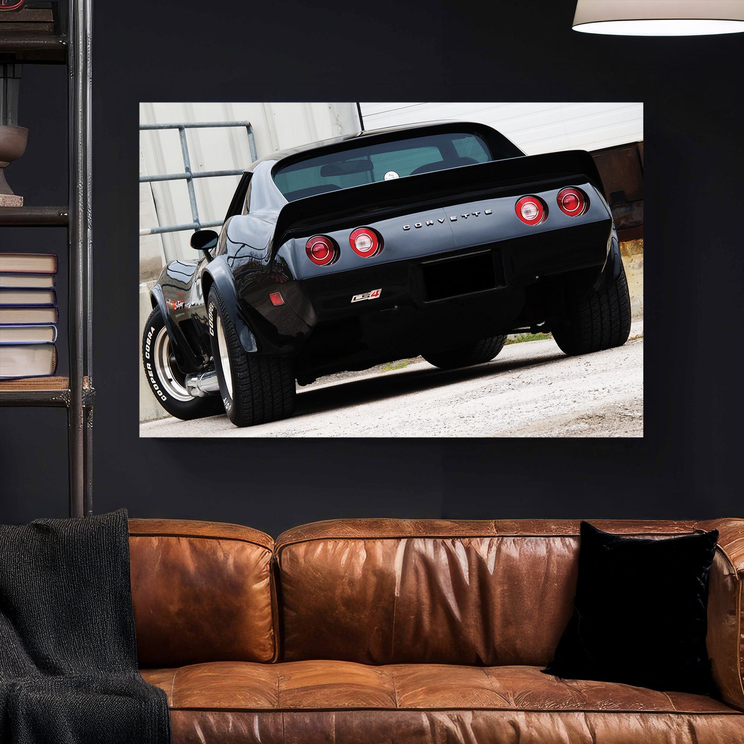 Black Corvette Stingray Rear canvas wall art print styled in a modern interior