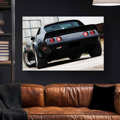 Black Corvette Stingray Rear canvas wall art print styled in a modern interior