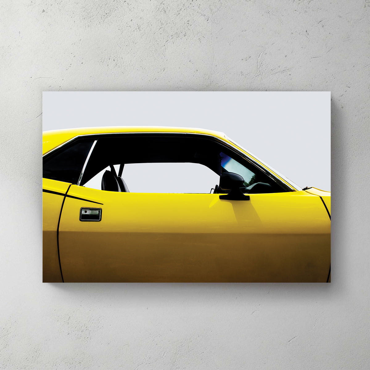 Bright yellow '71 Cuda side profile, clean white background, minimalist muscle-car study — canvas wall art print