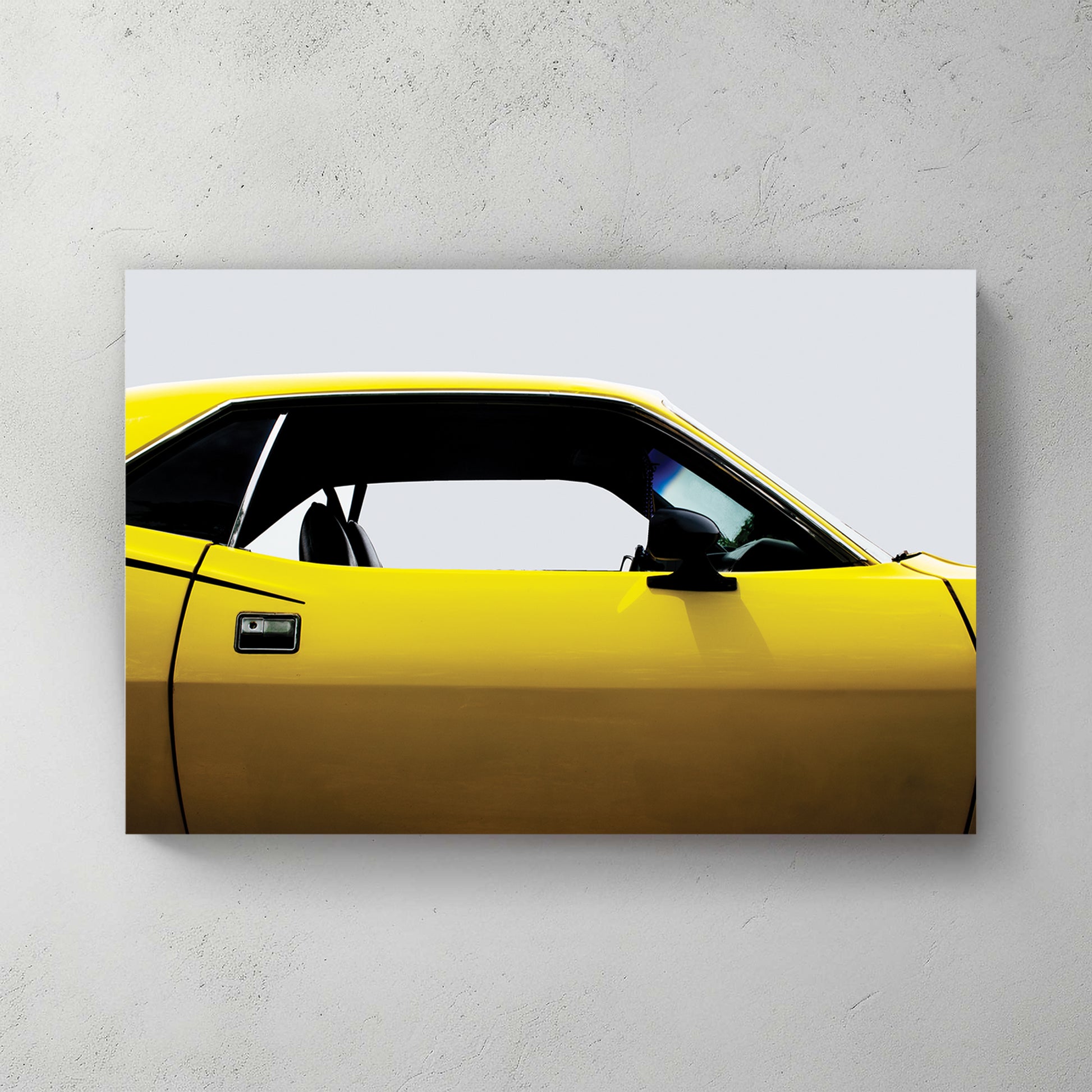 Bright yellow '71 Cuda side profile, clean white background, minimalist muscle-car study — canvas wall art print