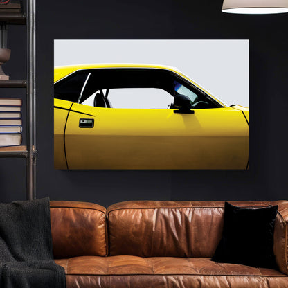 Yellow Plymouth Cuda canvas wall art print styled in a modern interior