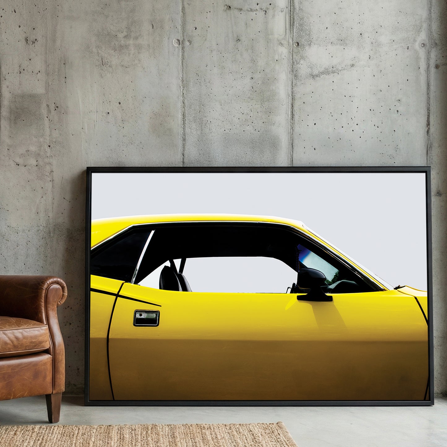 Yellow Plymouth Cuda framed canvas wall art print in a gallery-style display