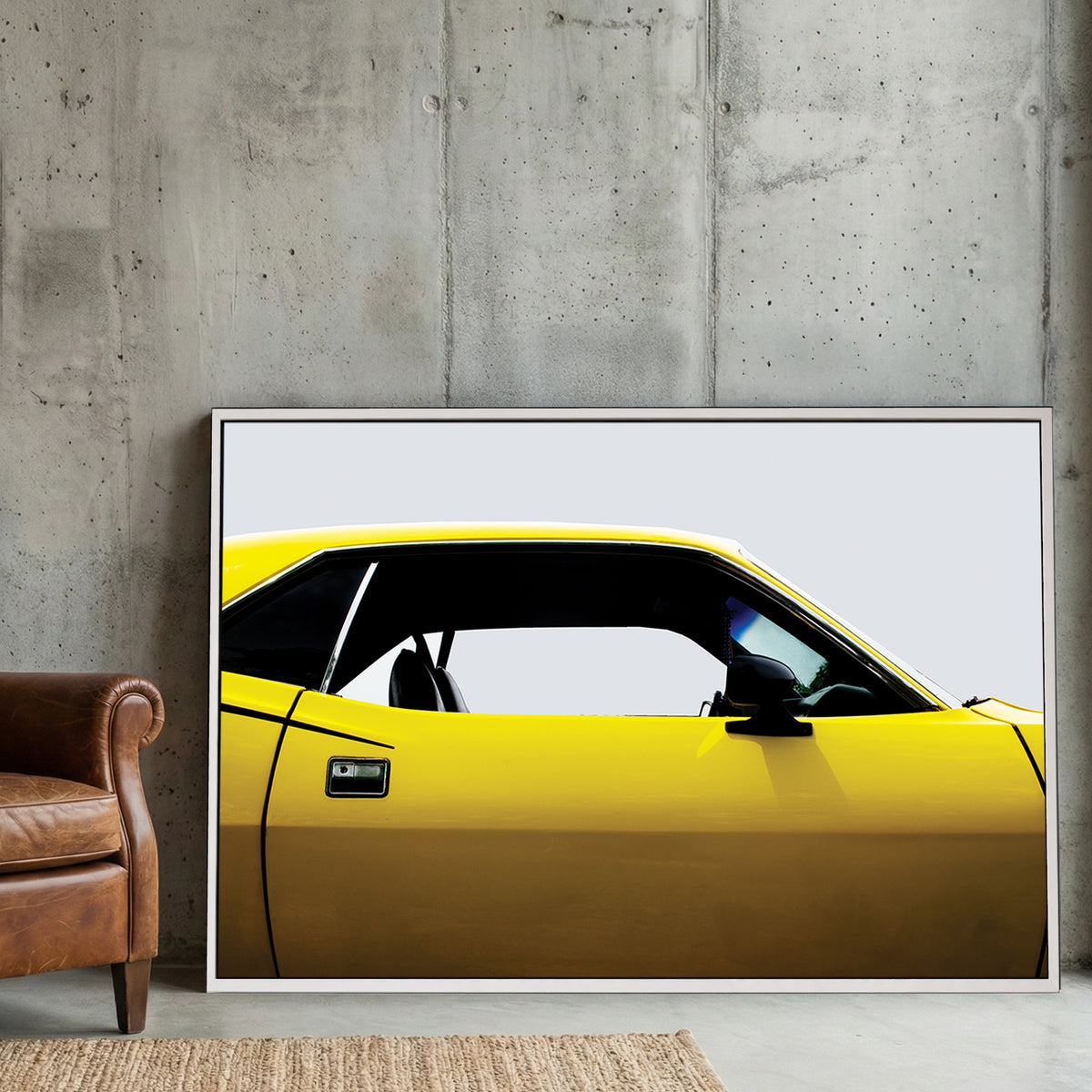 Yellow Plymouth Cuda canvas wall art print displayed in a styled living room