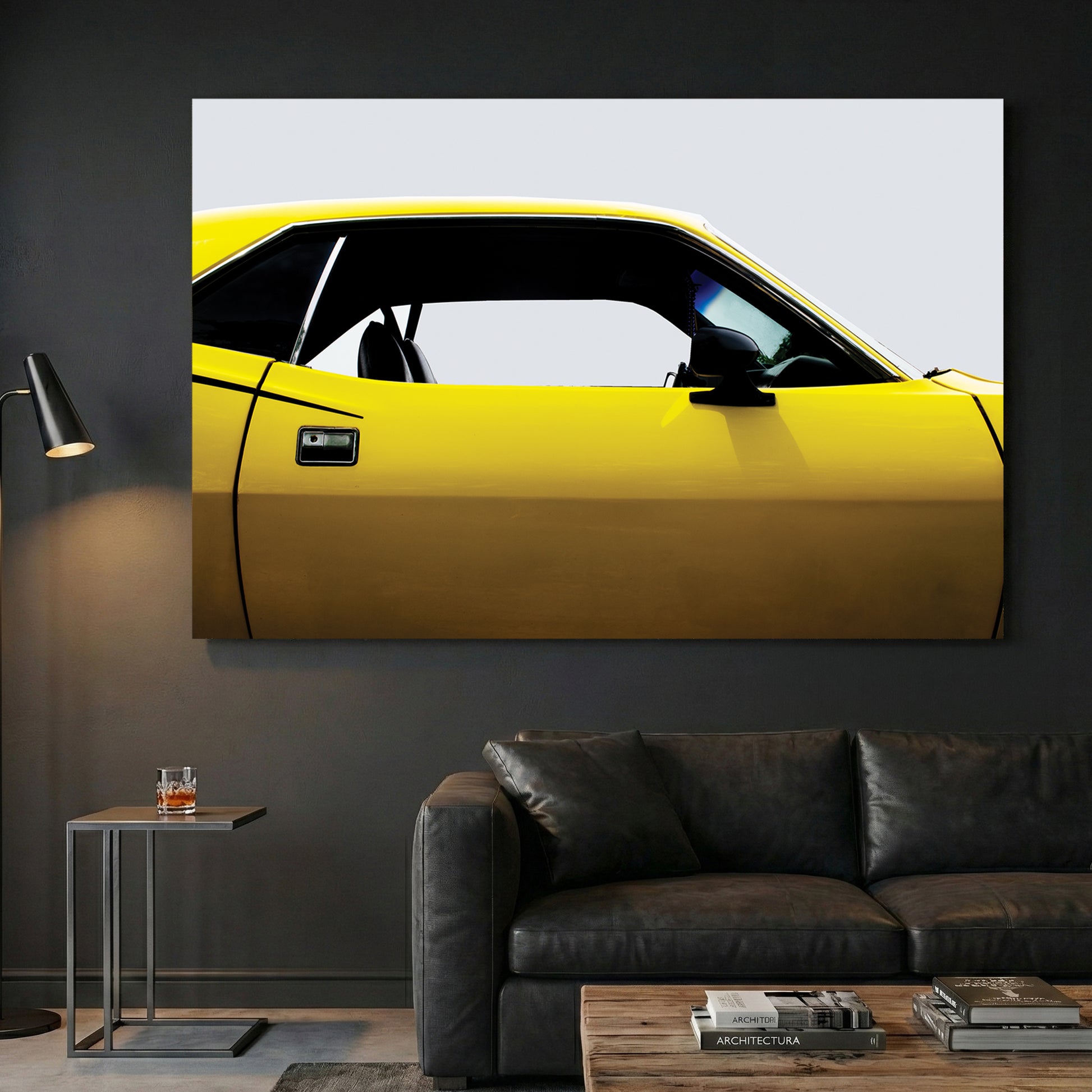 Yellow Plymouth Cuda canvas wall art print displayed in a styled living room