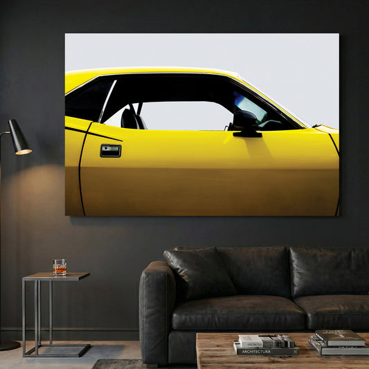 Yellow Plymouth Cuda canvas wall art print displayed in a styled living room