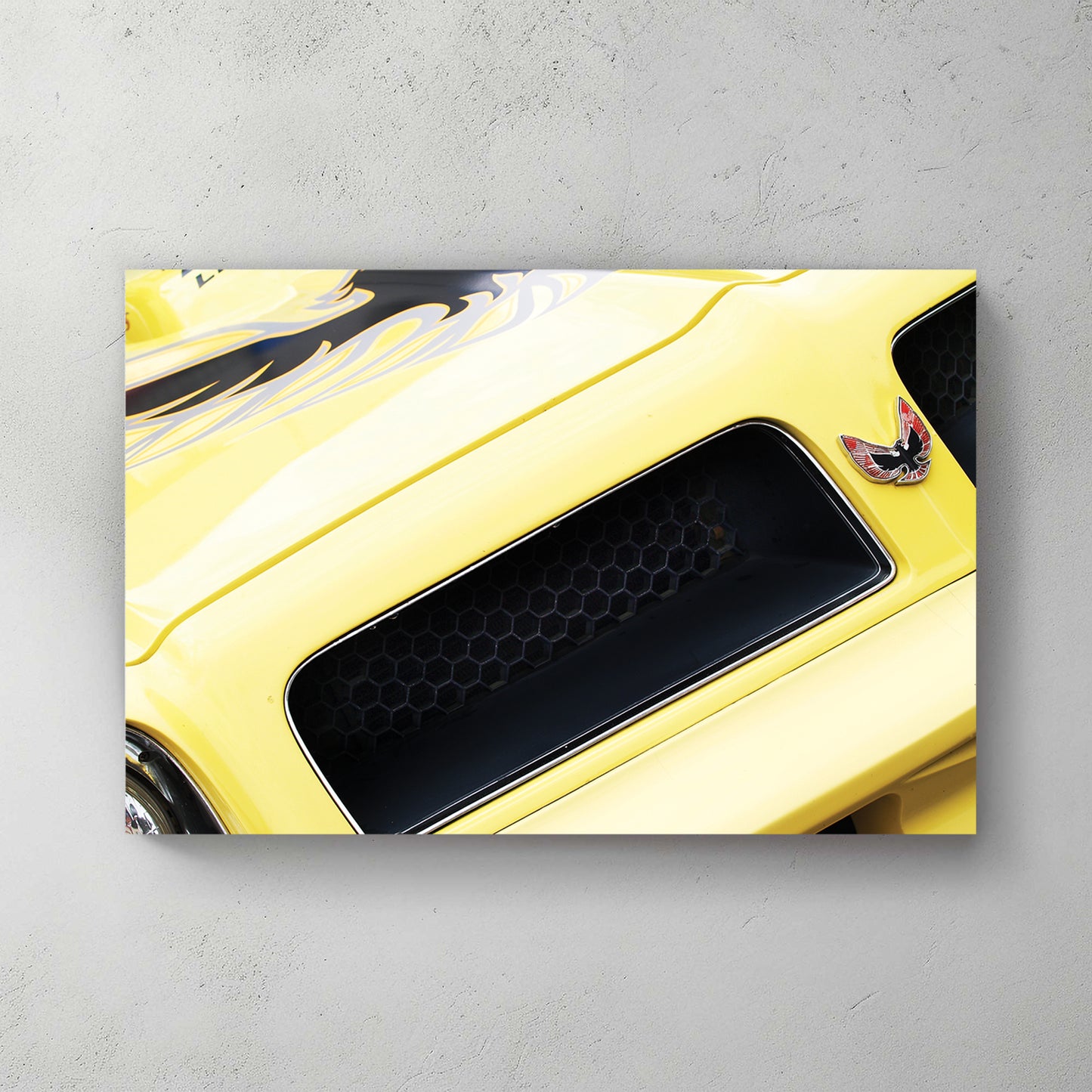 Yellow Trans-Am hood with screaming-chicken firebird decal, 7.5-litre 455 callout, honeycomb vent — canvas wall art print