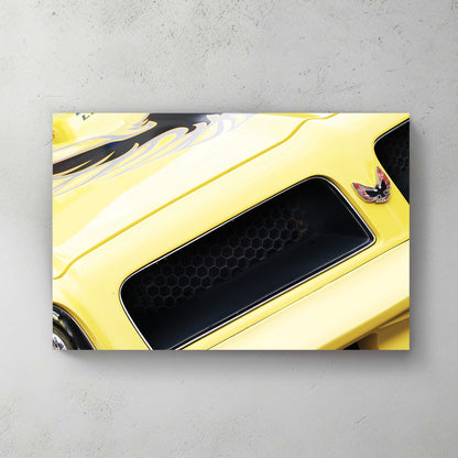 Yellow Trans-Am hood with screaming-chicken firebird decal, 7.5-litre 455 callout, honeycomb vent — canvas wall art print