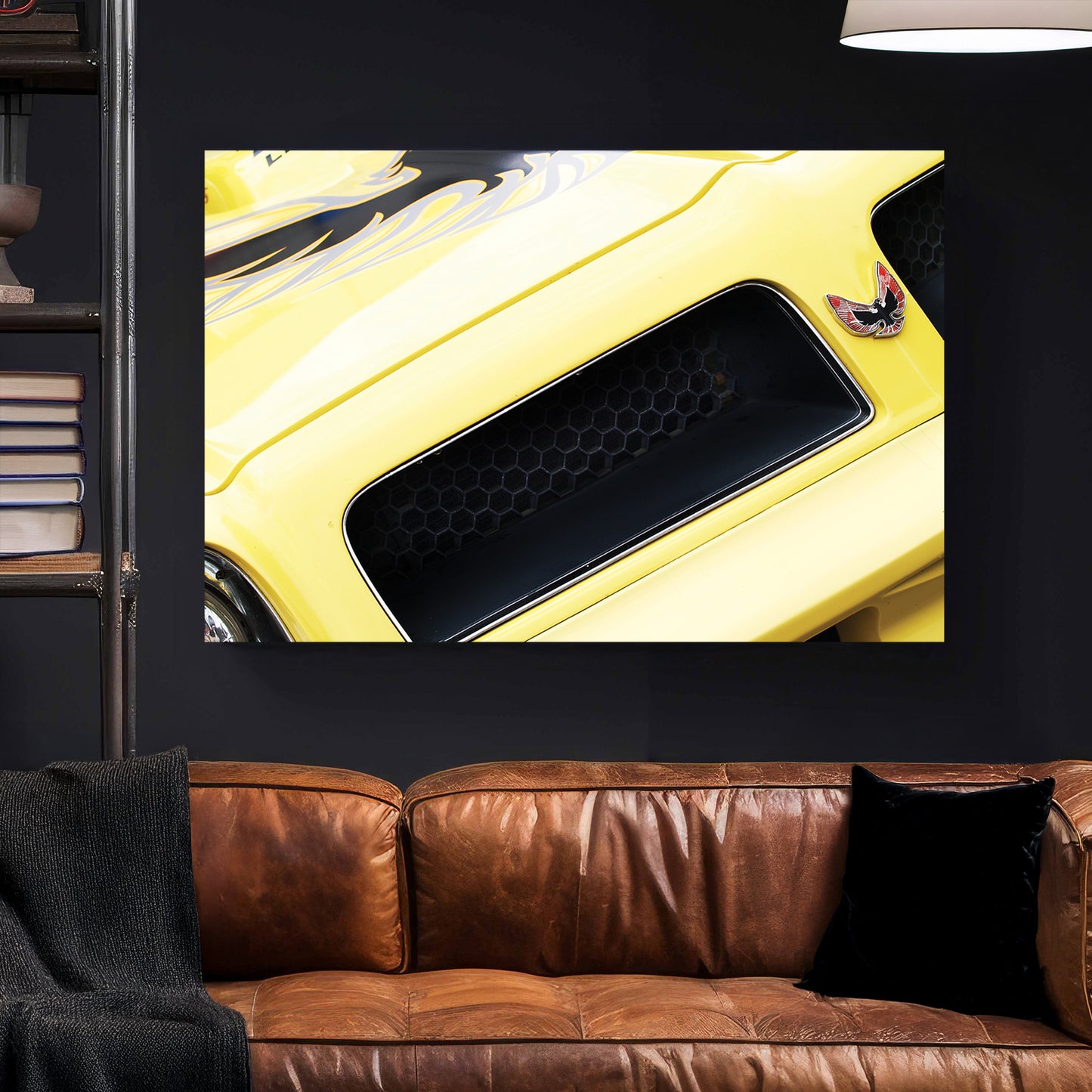 Yellow Trans-Am Firebird Hood canvas wall art print styled in a modern interior