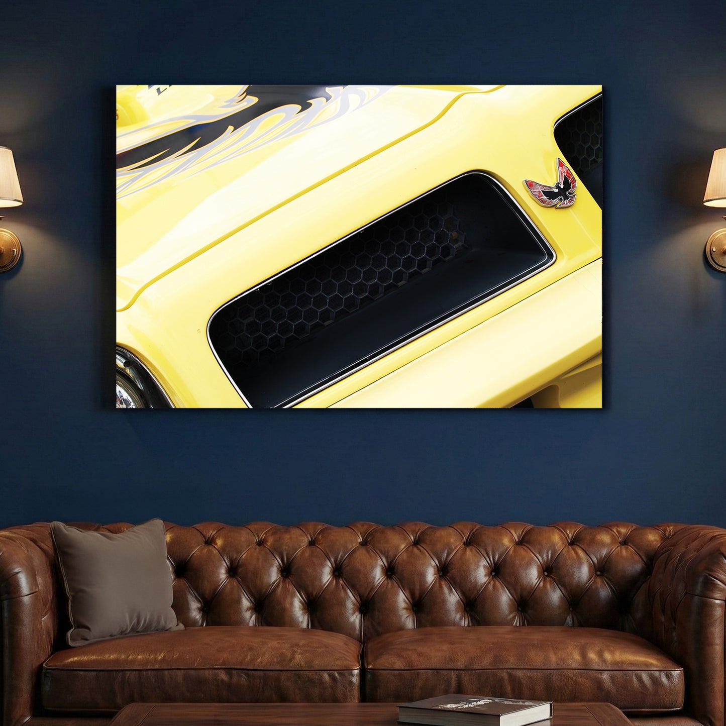 Yellow Trans-Am Firebird Hood canvas wall art print above a sofa in a contemporary living room