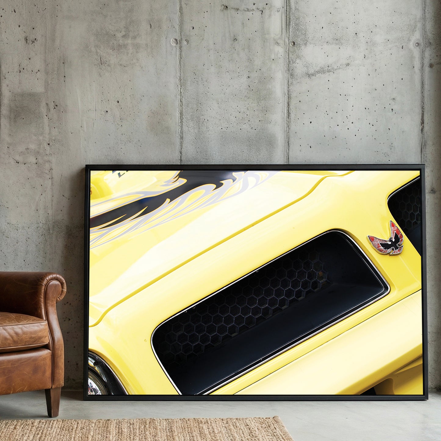 Yellow Trans-Am Firebird Hood framed canvas wall art print in a gallery-style display