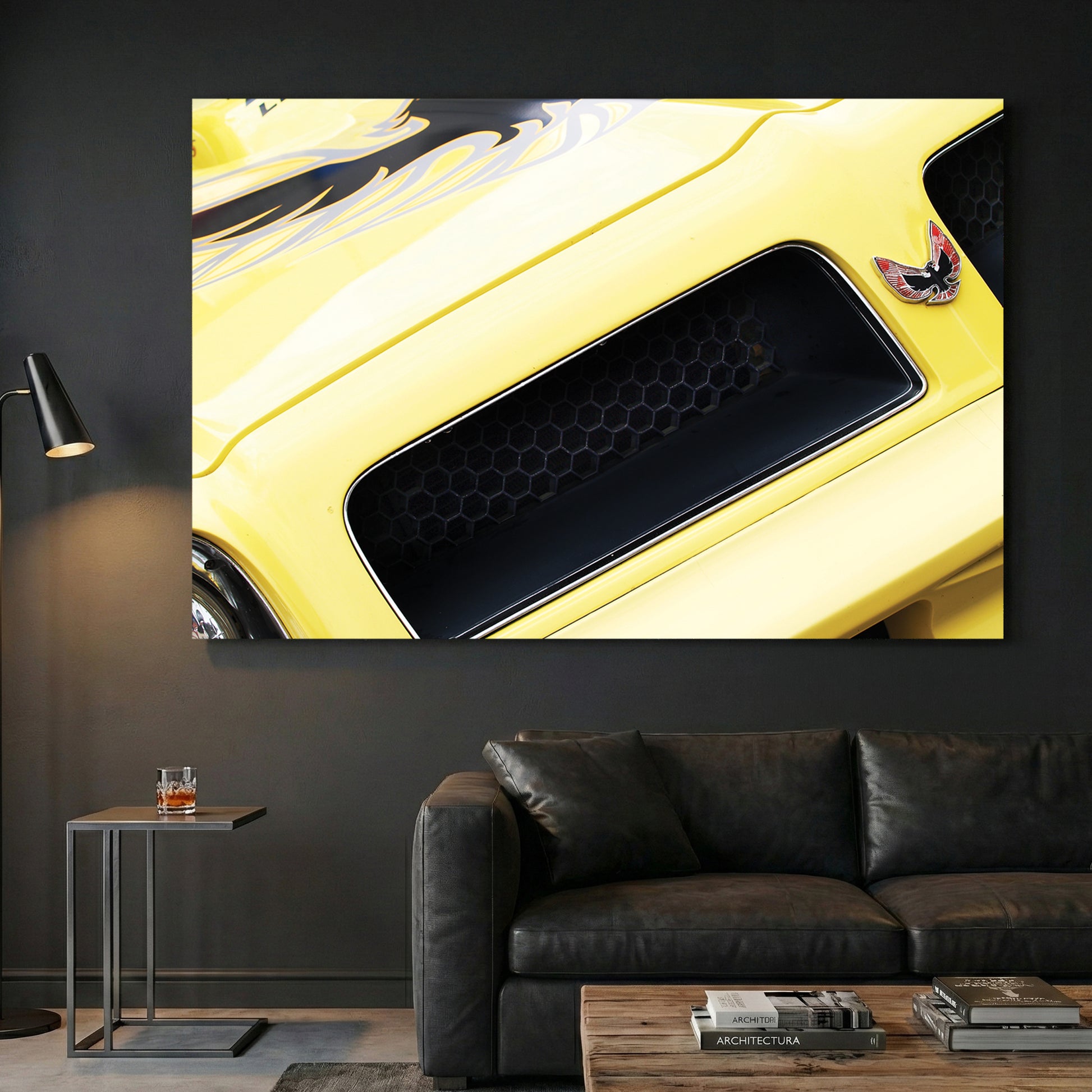 Yellow Trans-Am Firebird Hood canvas wall art print displayed in a styled living room