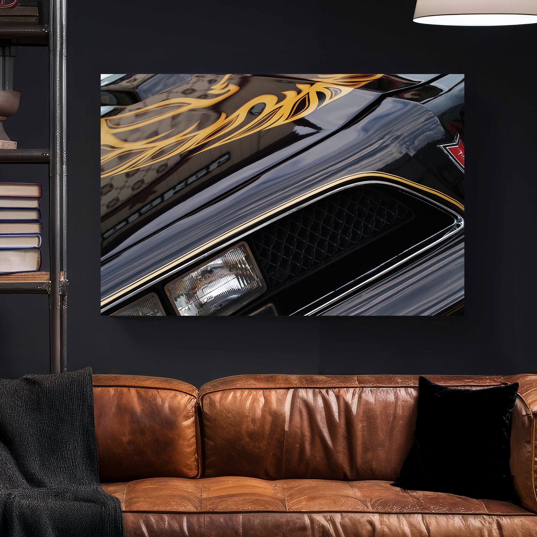 Black and Gold Trans-Am Firebird canvas wall art print styled in a modern interior