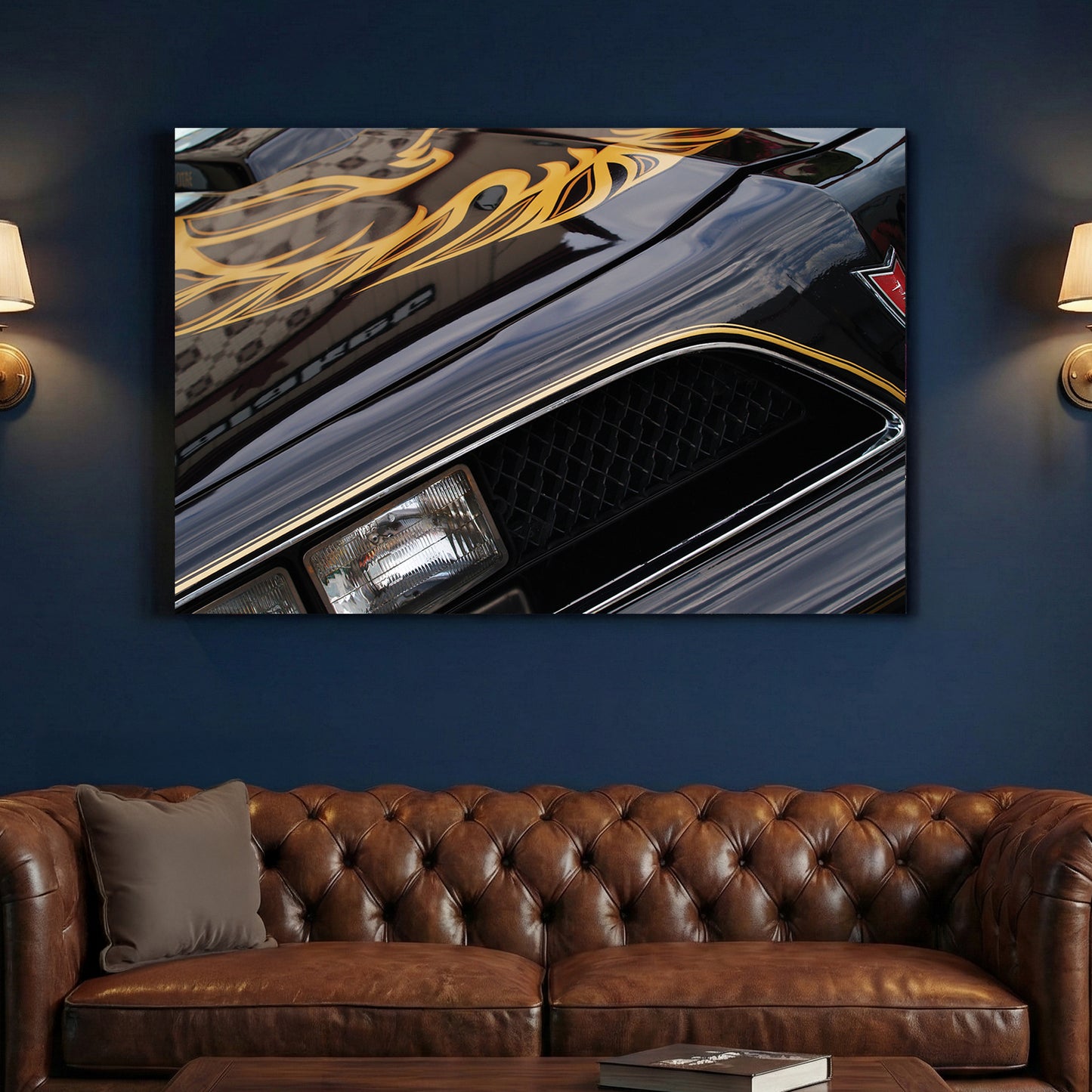 Black and Gold Trans-Am Firebird canvas wall art print above a sofa in a contemporary living room