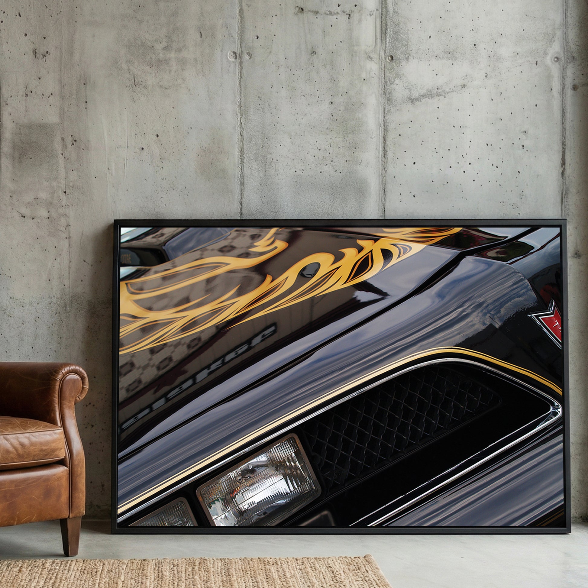 Black and Gold Trans-Am Firebird framed canvas wall art print in a gallery-style display