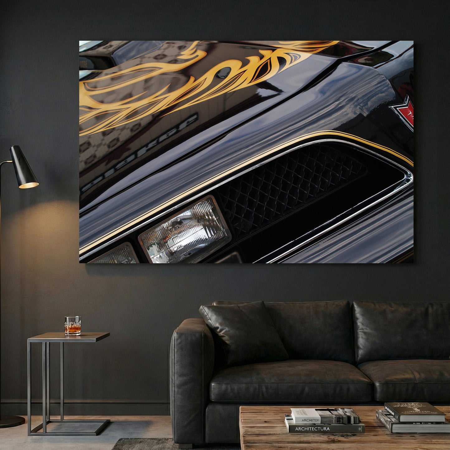 Black and Gold Trans-Am Firebird canvas wall art print displayed in a styled living room