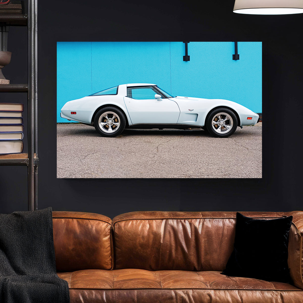 White Corvette Stingray canvas wall art print styled in a modern interior
