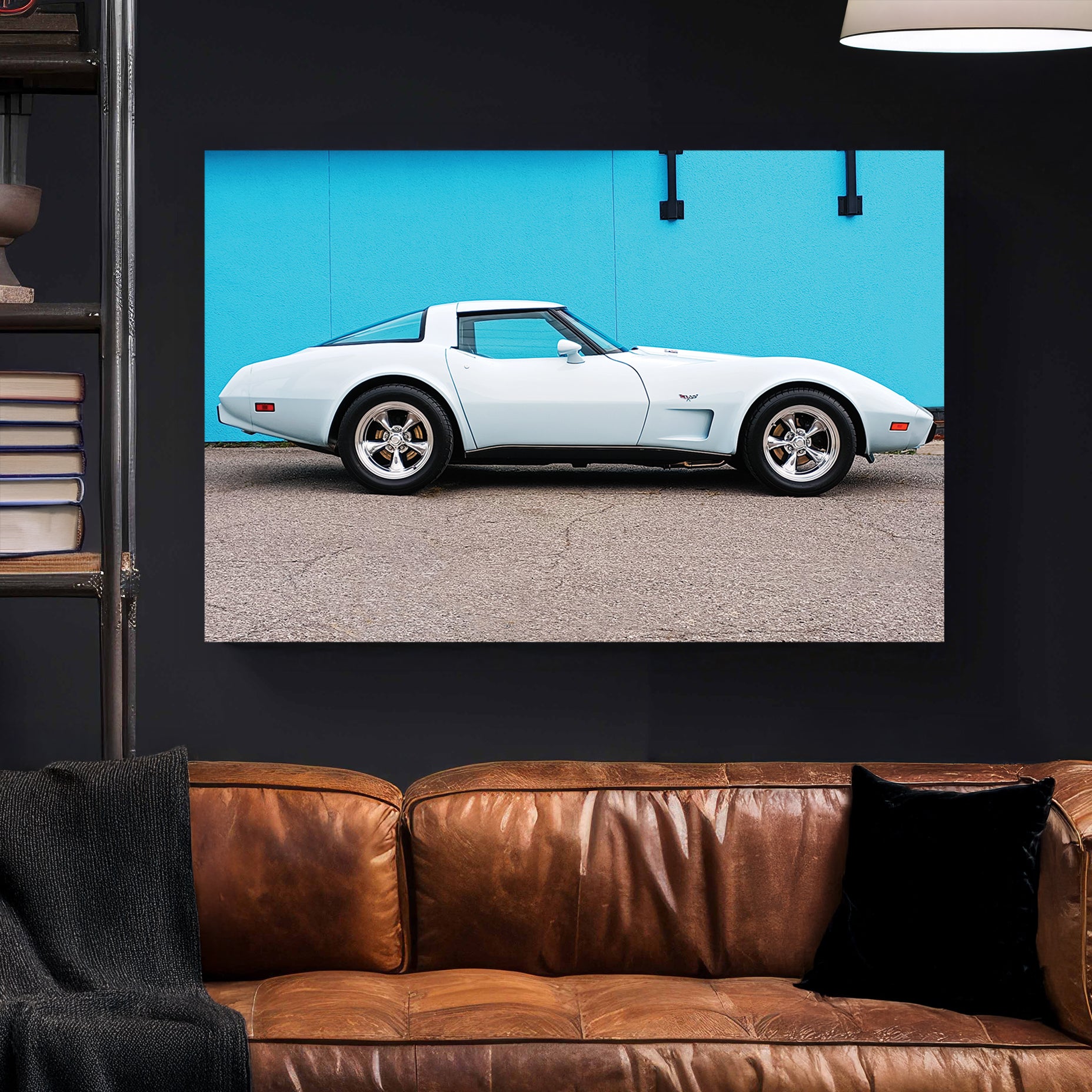 White Corvette Stingray canvas wall art print styled in a modern interior