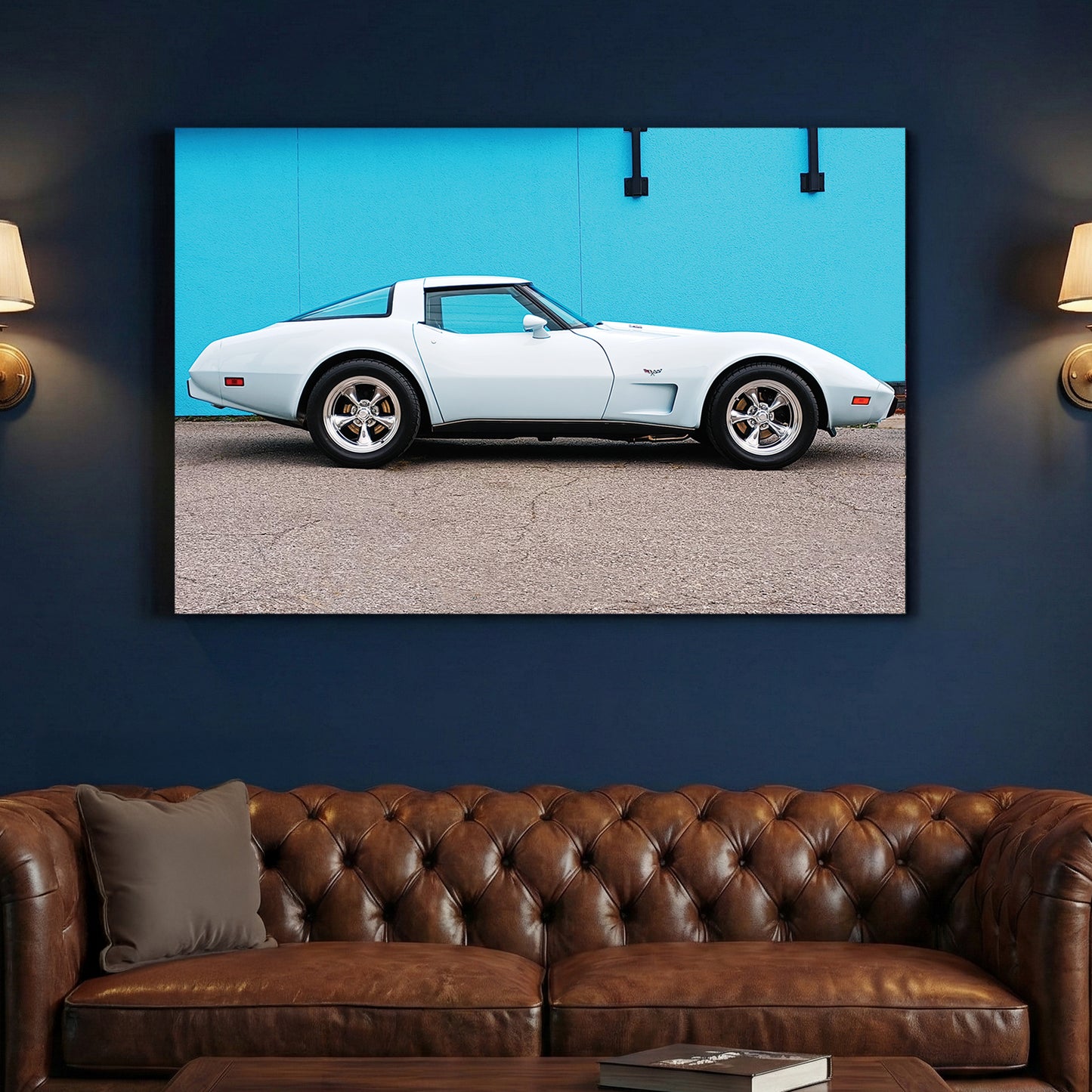 White Corvette Stingray canvas wall art print above a sofa in a contemporary living room