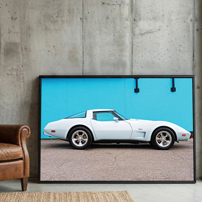 White Corvette Stingray framed canvas wall art print in a gallery-style display