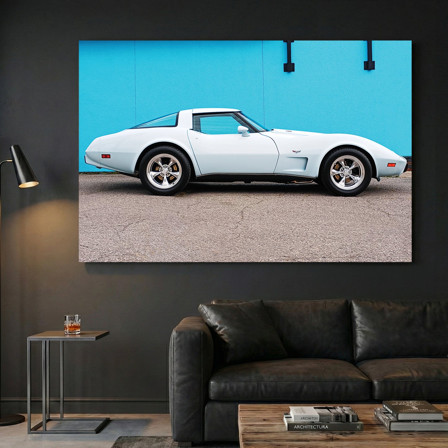 White Corvette Stingray canvas wall art print displayed in a styled living room