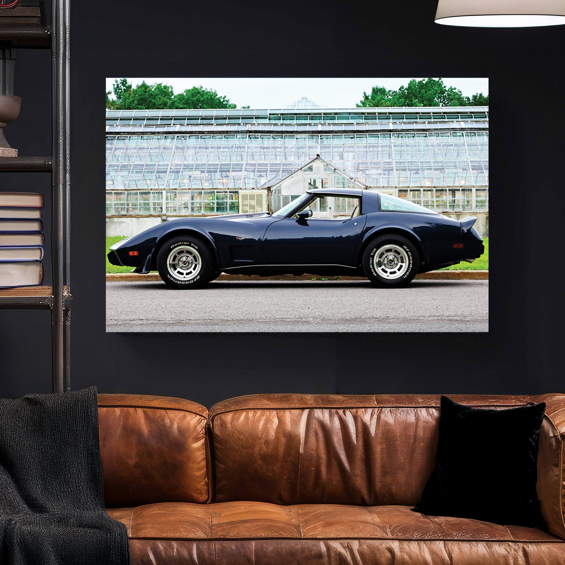 Navy Corvette Stingray canvas wall art print styled in a modern interior