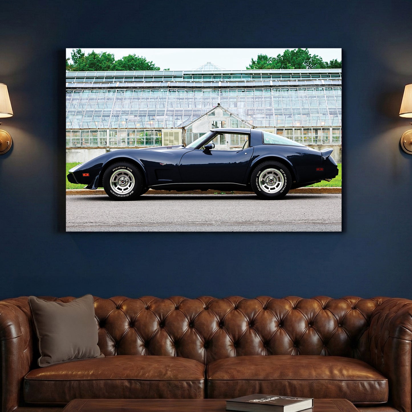 Navy Corvette Stingray canvas wall art print above a sofa in a contemporary living room