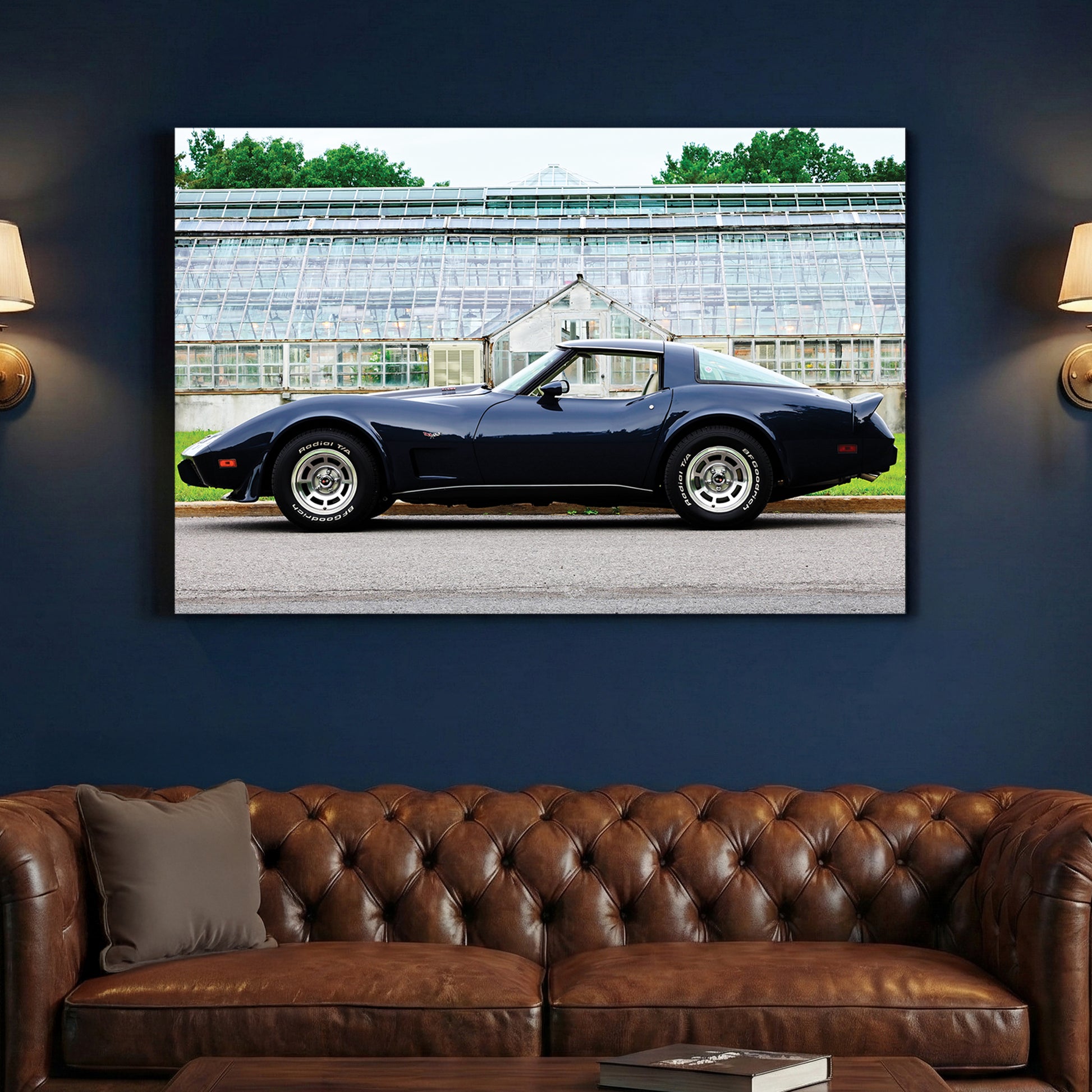 Navy Corvette Stingray canvas wall art print above a sofa in a contemporary living room
