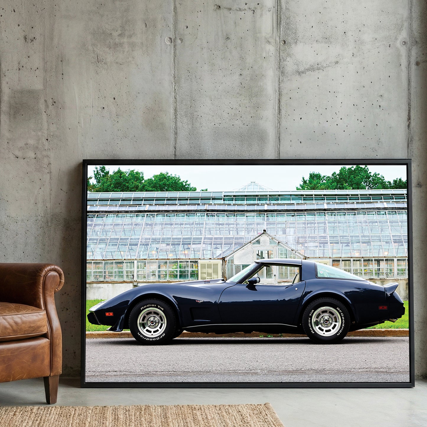 Navy Corvette Stingray framed canvas wall art print in a gallery-style display