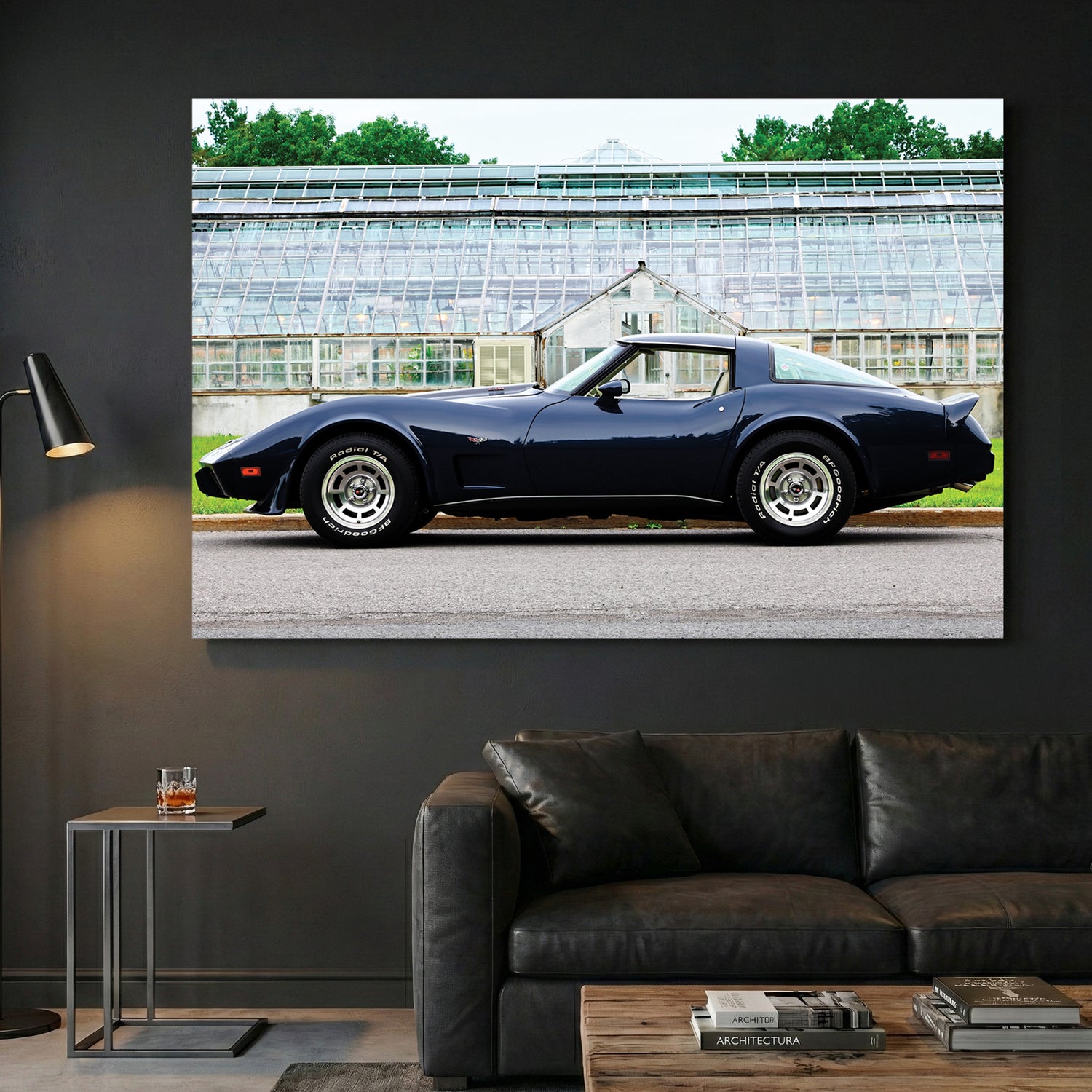 Navy Corvette Stingray canvas wall art print displayed in a styled living room