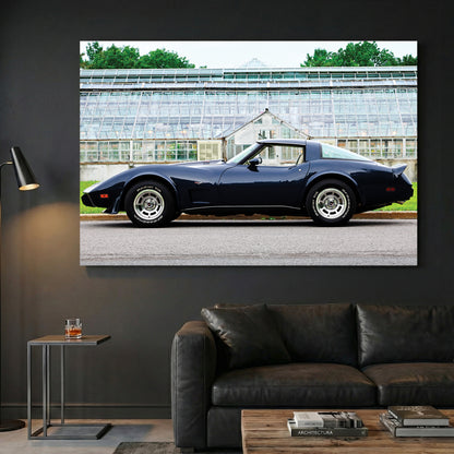 Navy Corvette Stingray canvas wall art print displayed in a styled living room