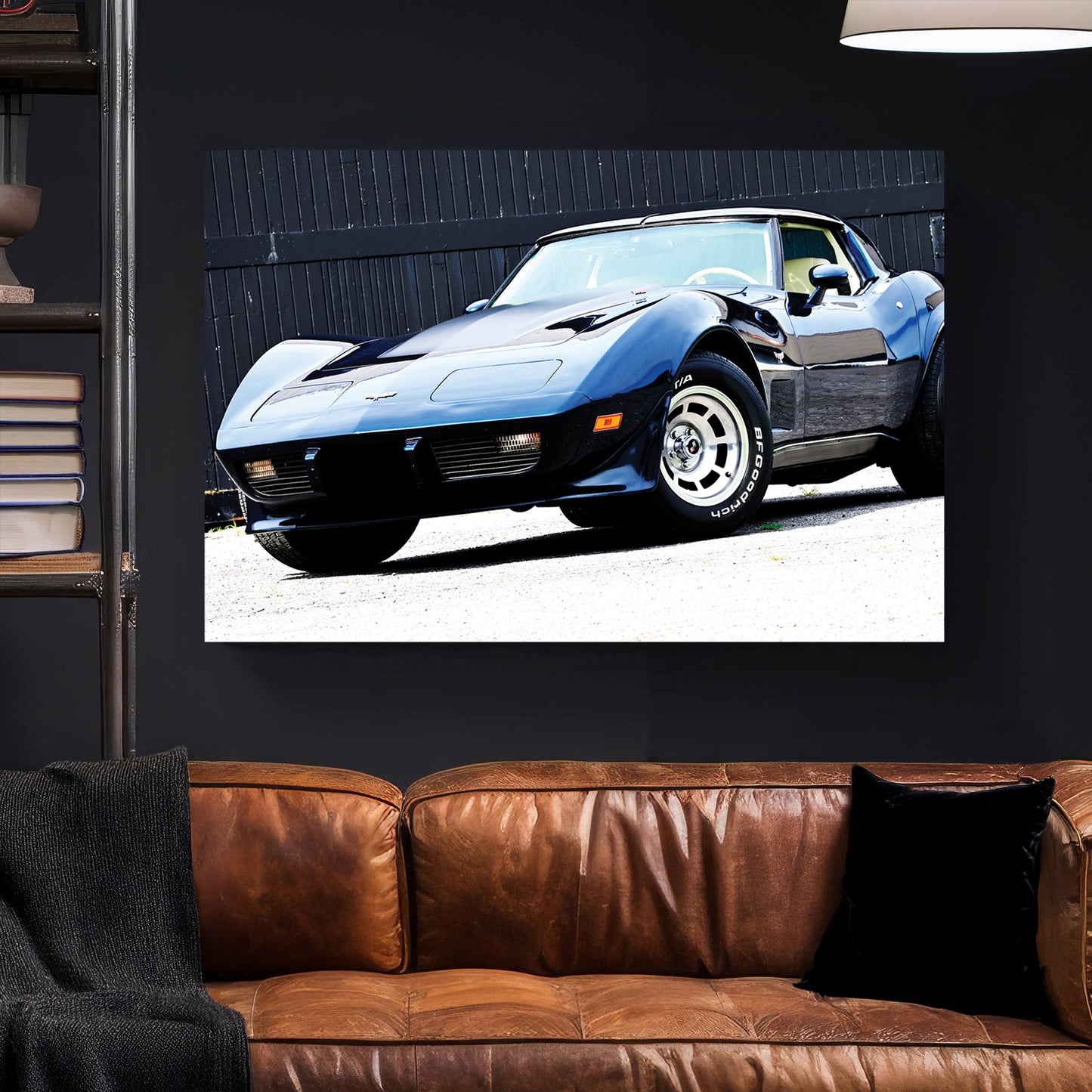Blue Corvette Stingray Front canvas wall art print styled in a modern interior