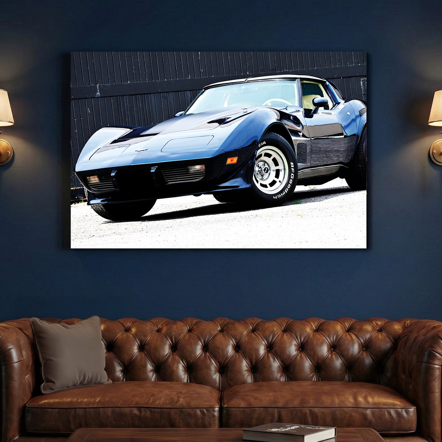 Blue Corvette Stingray Front canvas wall art print above a sofa in a contemporary living room